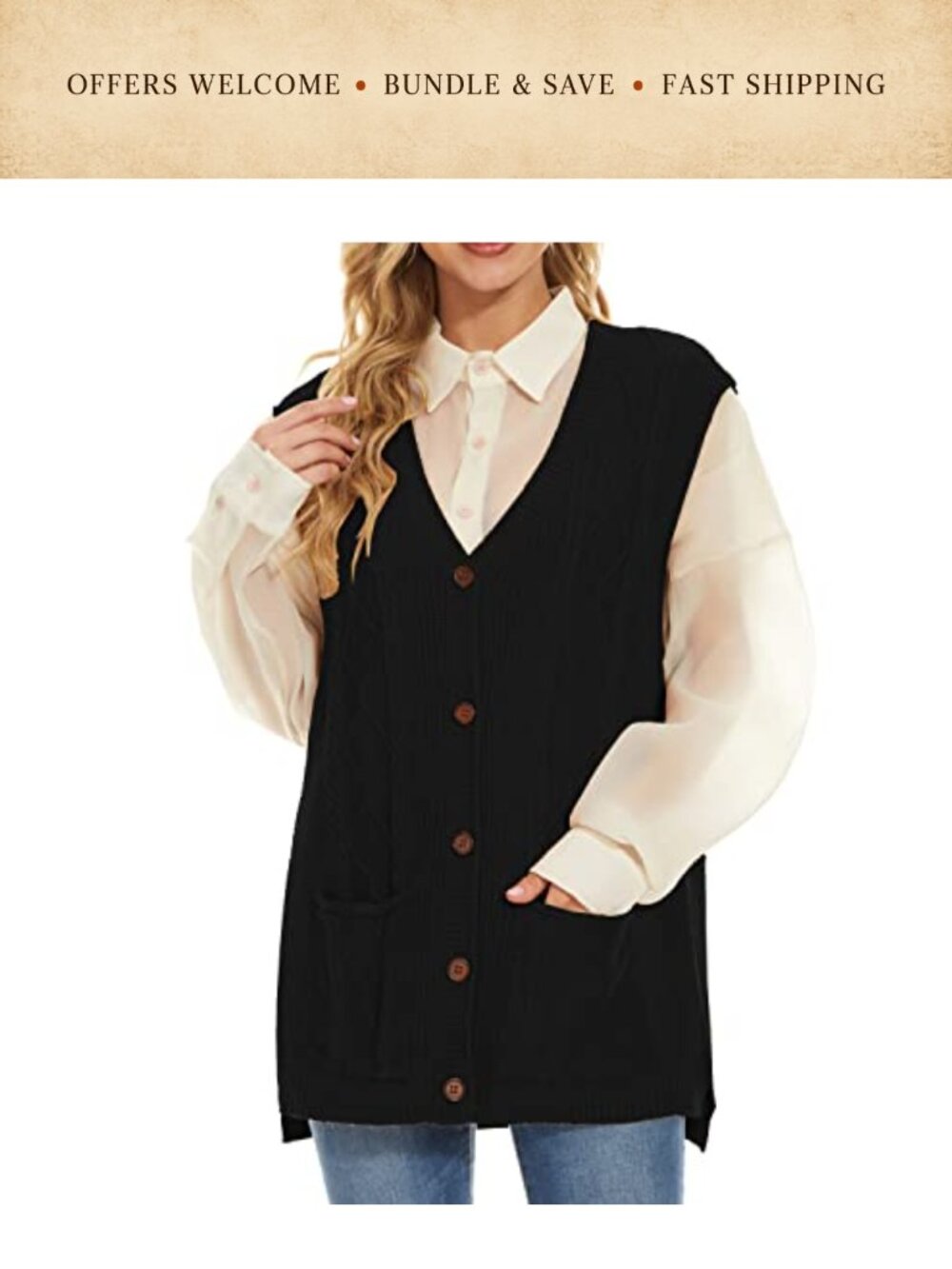 Women's Loose Cable Knit Sweater Vest V-Neck Sleeveless Tank Top